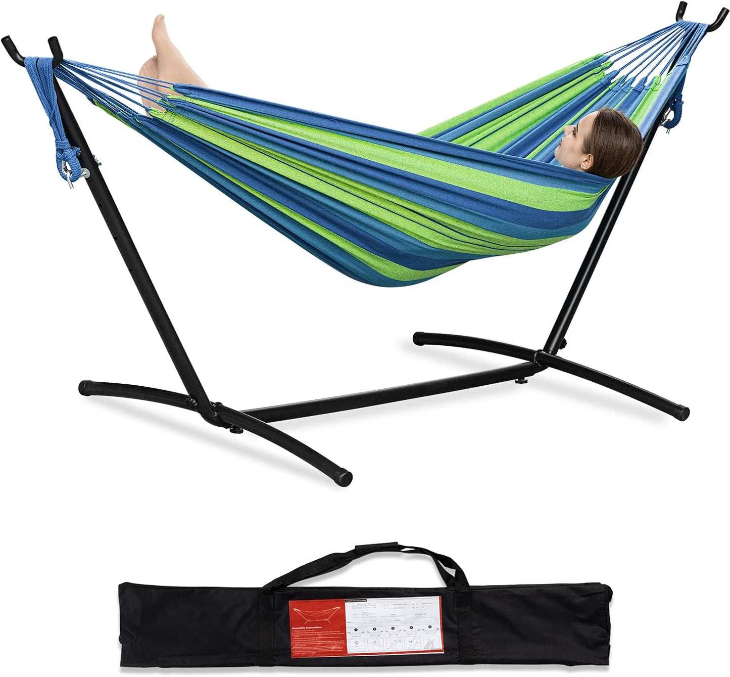 PNAEUT Double Hammocks with Stand for Outside, Portable Space Saving Heavy-Duty Steel Stand for Indoor Outdoor Patio with Carrying Bag, 450 lbs Capacity (Coffee)