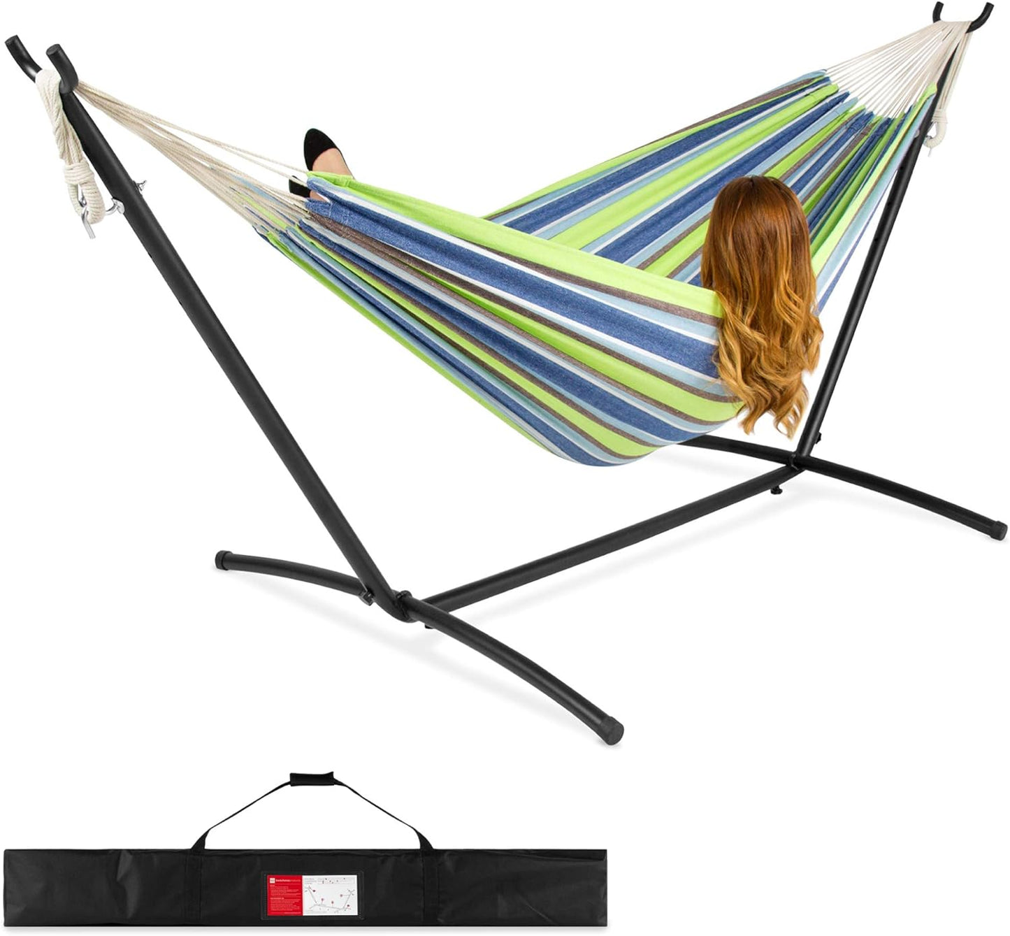 Best Choice Products Double Hammock with Steel Stand, Indoor Outdoor Brazilian-Style Cotton Bed w/Carrying Bag, 2-Person Capacity - Steel
