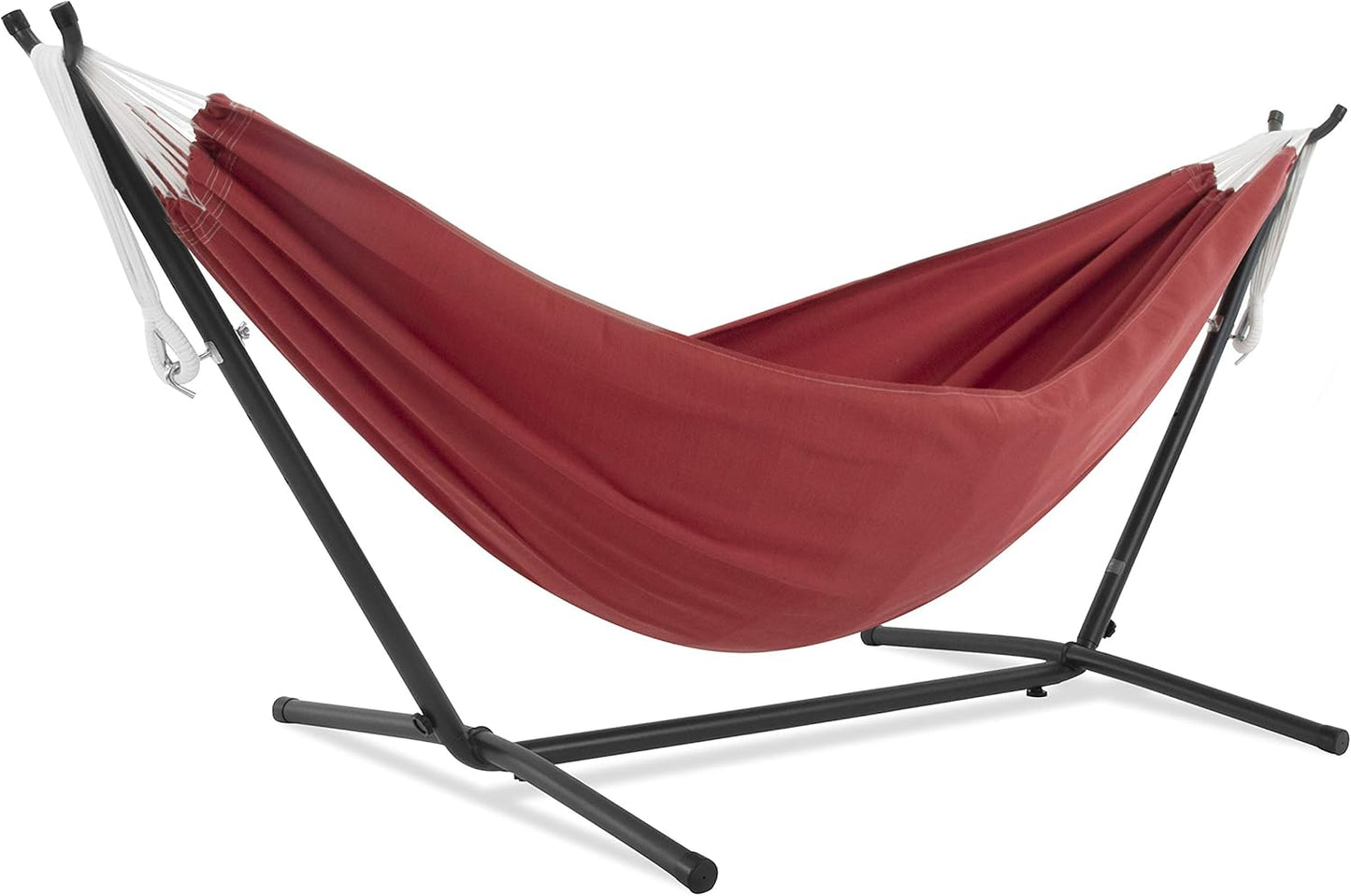Vivere Double Cotton Hammock with Space Saving Steel Stand, Upgraded Polyester End Strings 450 lb Capacity - Premium Carry Bag Included - (Tropical)