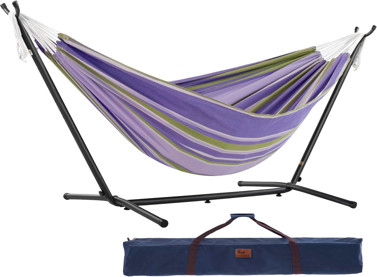 Vivere Double Cotton Hammock with Space Saving Steel Stand, Upgraded Polyester End Strings 450 lb Capacity - Premium Carry Bag Included - (Tropical)