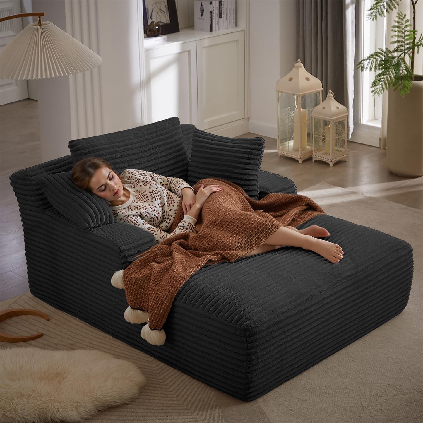 67 Inch Oversized Chaise Lounge Chair Indoor, Corduroy Upholstered Boneless Sofa Bed, Deep Seat Sleeper Couch Reading Chairs, Cloud Sofas Couches for Living Room, No Assembly Required (Black)