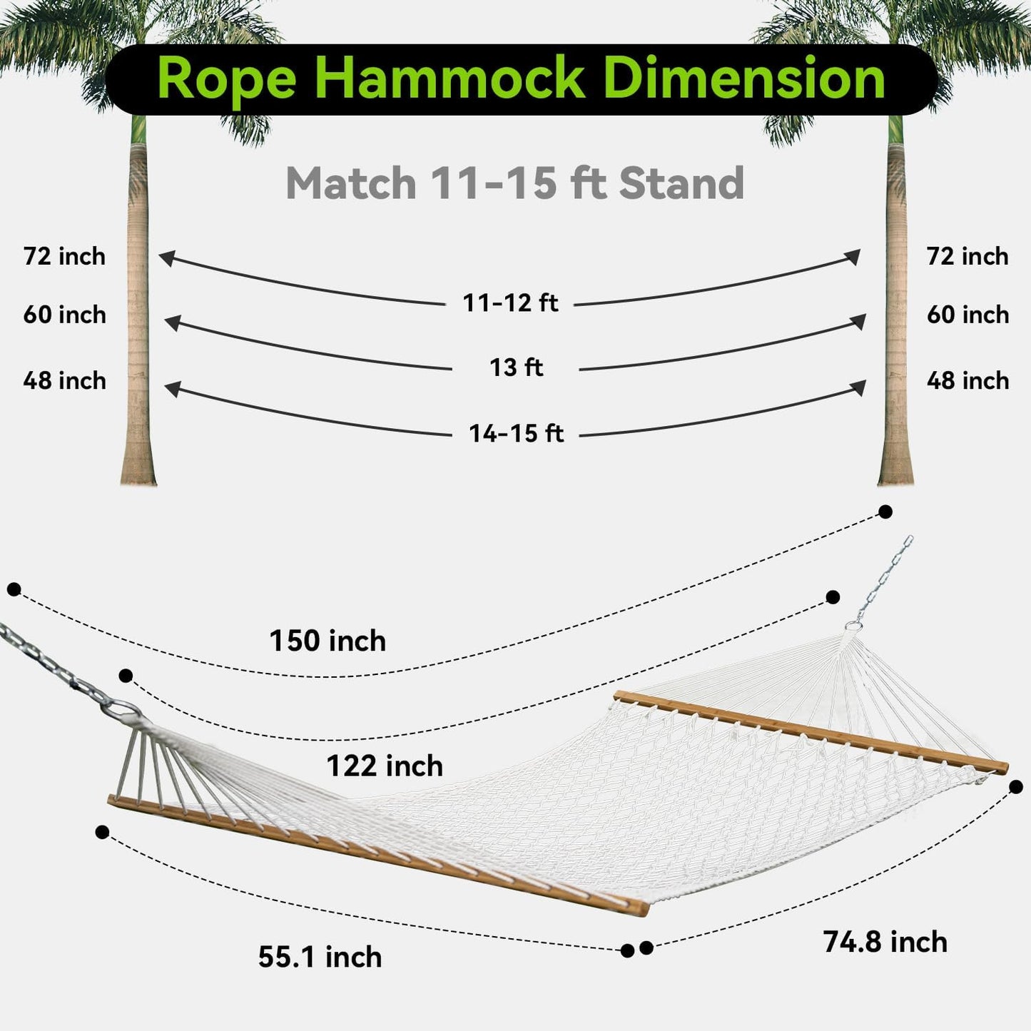 Double Hammock for 2 Person, Handwoven Rope Hammock with Spreader Bar Without Stand - Indoor & Outdoor Use for Patio, Poolside, Backyard (White)