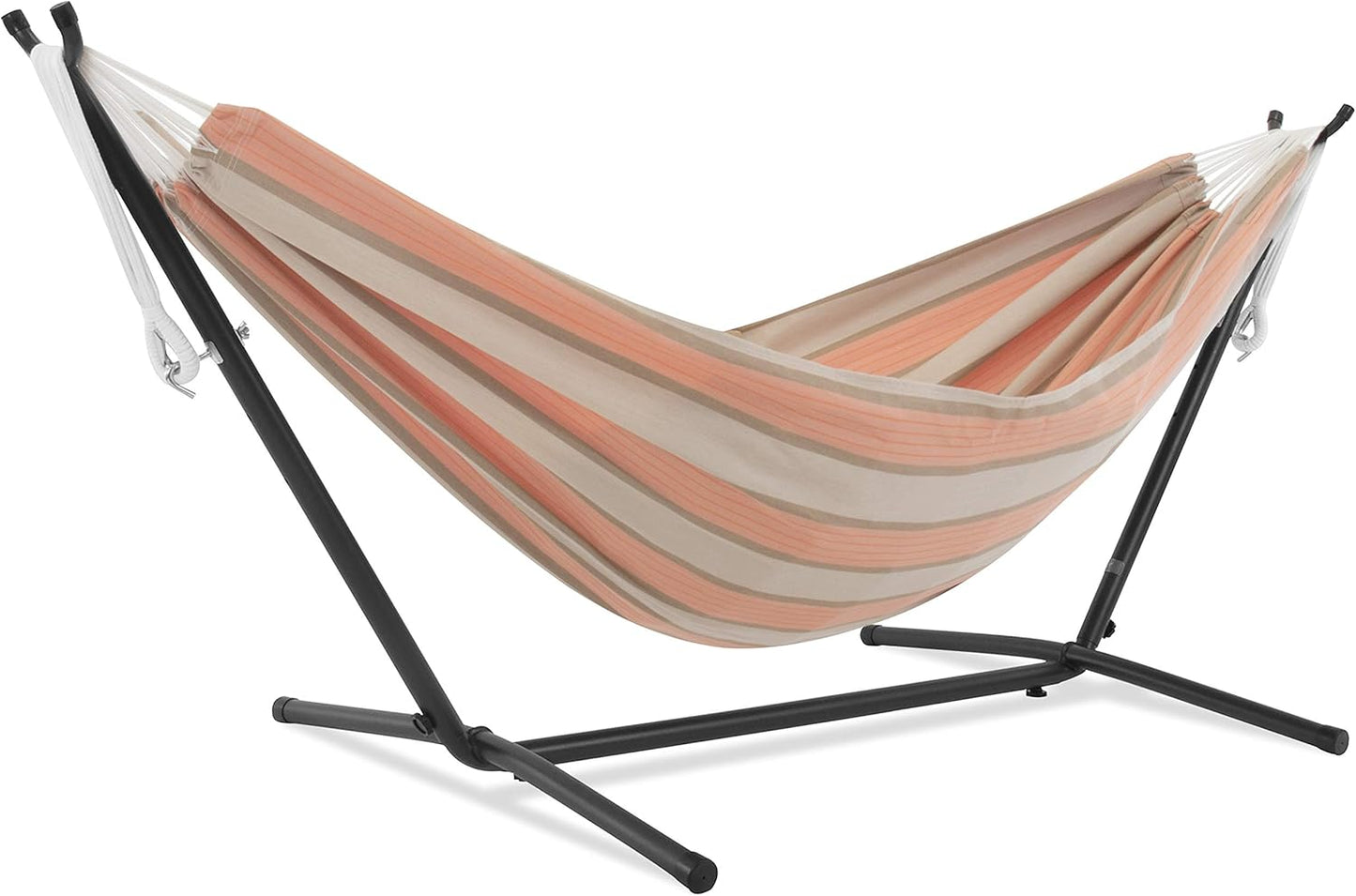 Vivere Double Cotton Hammock with Space Saving Steel Stand, Upgraded Polyester End Strings 450 lb Capacity - Premium Carry Bag Included - (Tropical)