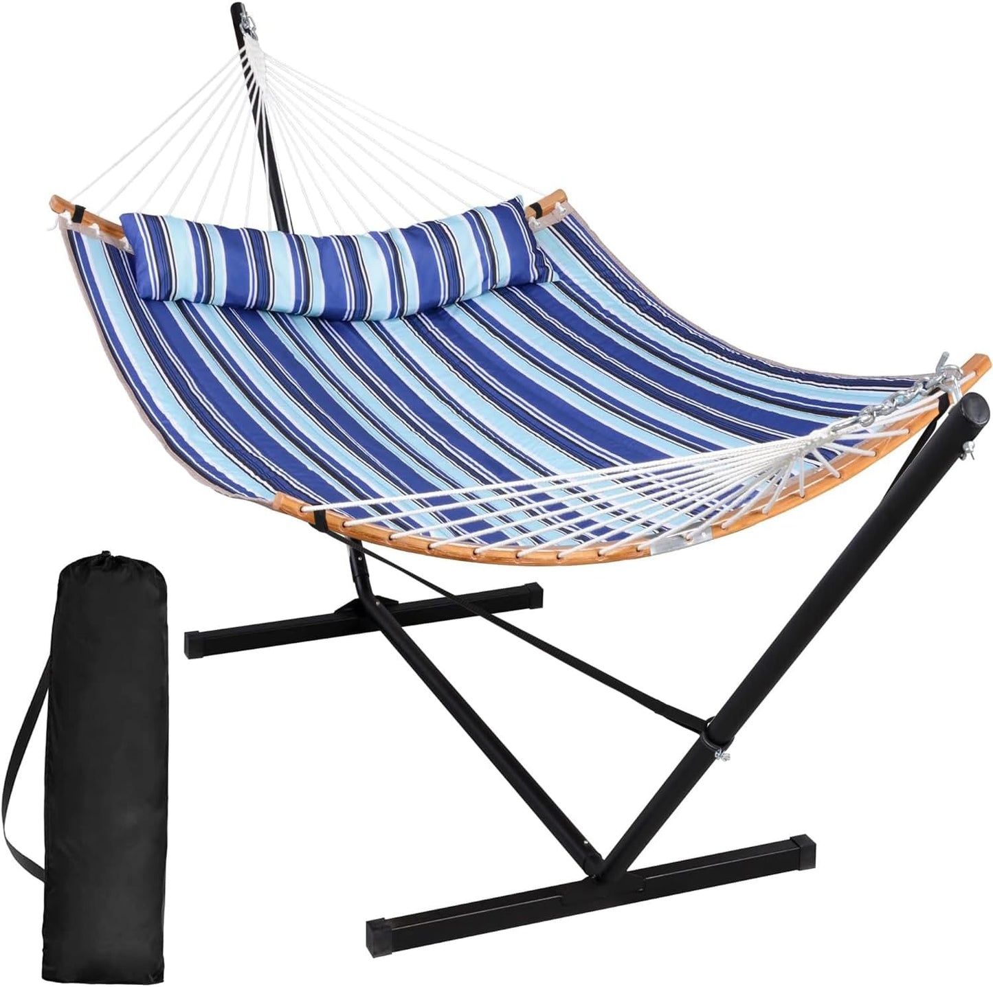 SUNCREAT Double Portable Hammock with Stand, 2 Person Hammock with Curved Spreader Bar, Balance Ropes Included, Dark Gray