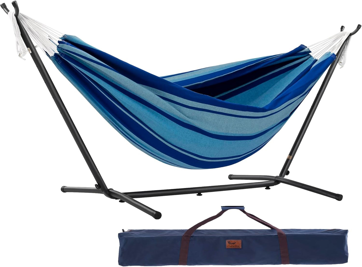 Vivere Double Cotton Hammock with Space Saving Steel Stand, Upgraded Polyester End Strings 450 lb Capacity - Premium Carry Bag Included - (Tropical)