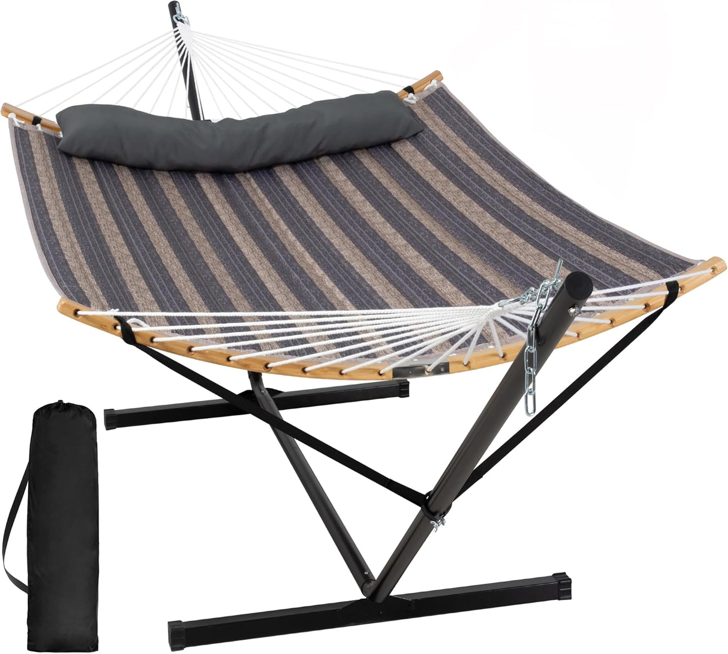 SUNCREAT Double Portable Hammock with Stand, 2 Person Hammock with Curved Spreader Bar, Balance Ropes Included, Dark Gray