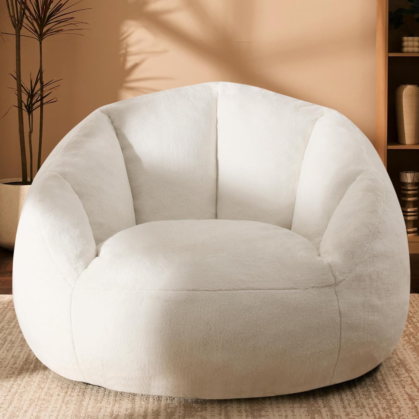 Giant Bean Bag Swivel Chair for Adults with Ottoman - Comfy Plush Round Shell Soft Accent Chaise Lounge Indoor Chair, Oversized Cozy Floor Sofa for Living Room, Bedroom & Game Rooms, Beige