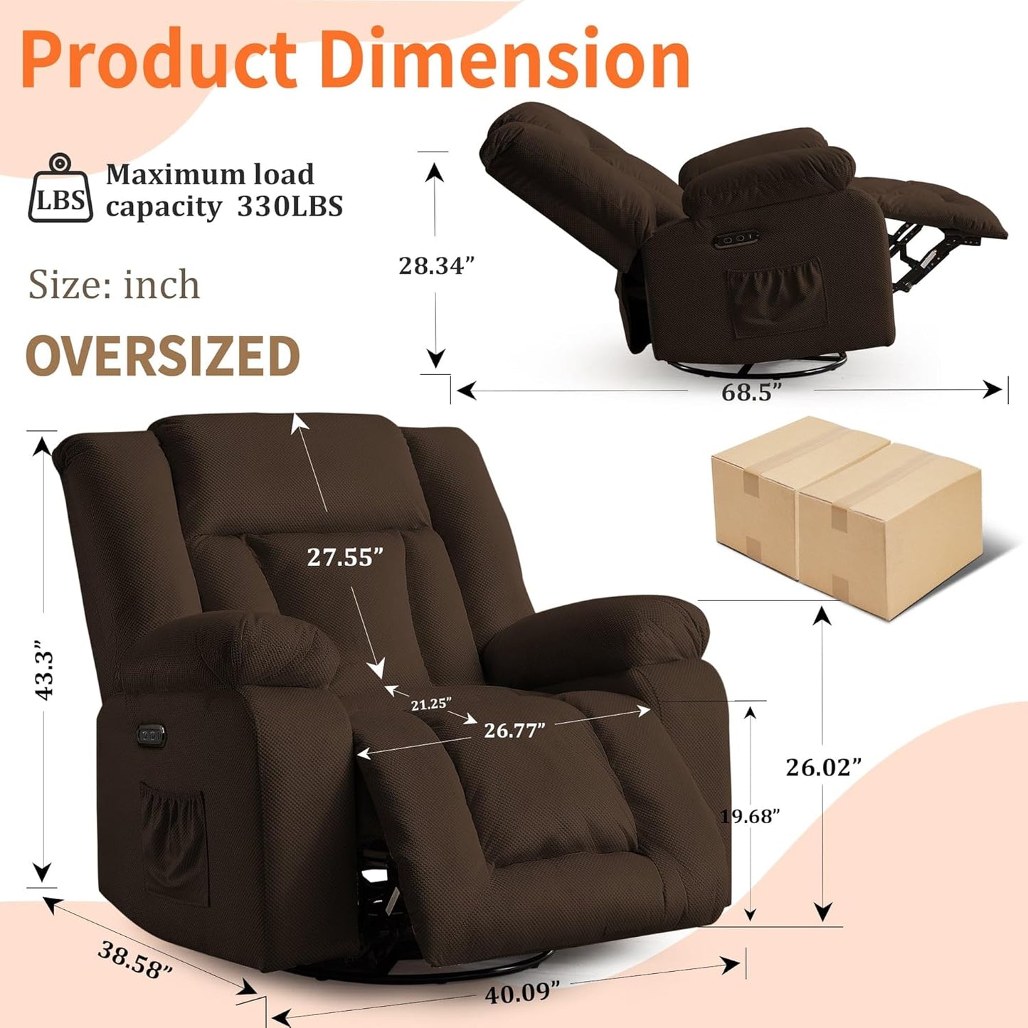 Oversized Power Recliner Chair, Swivel Rocking Chair for Adults, Electric Glider Reclining with Massage and Heating, Waffle Fabric Rocker Recliner with Side Pockets for Living Room, Bedroom