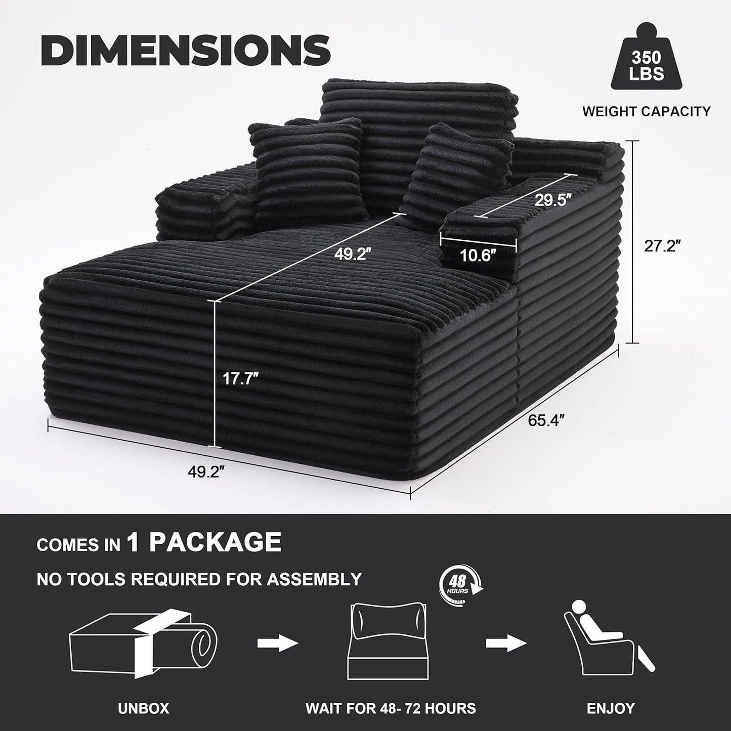 Oversized Chaise Lounge Sofa Chair Indoor, Comfy Fluffy Deap Seat Cloud Reading Chair with Throw Pillow, Upholstered Plush Corduroy Boneless Chairs for Living Room, Black