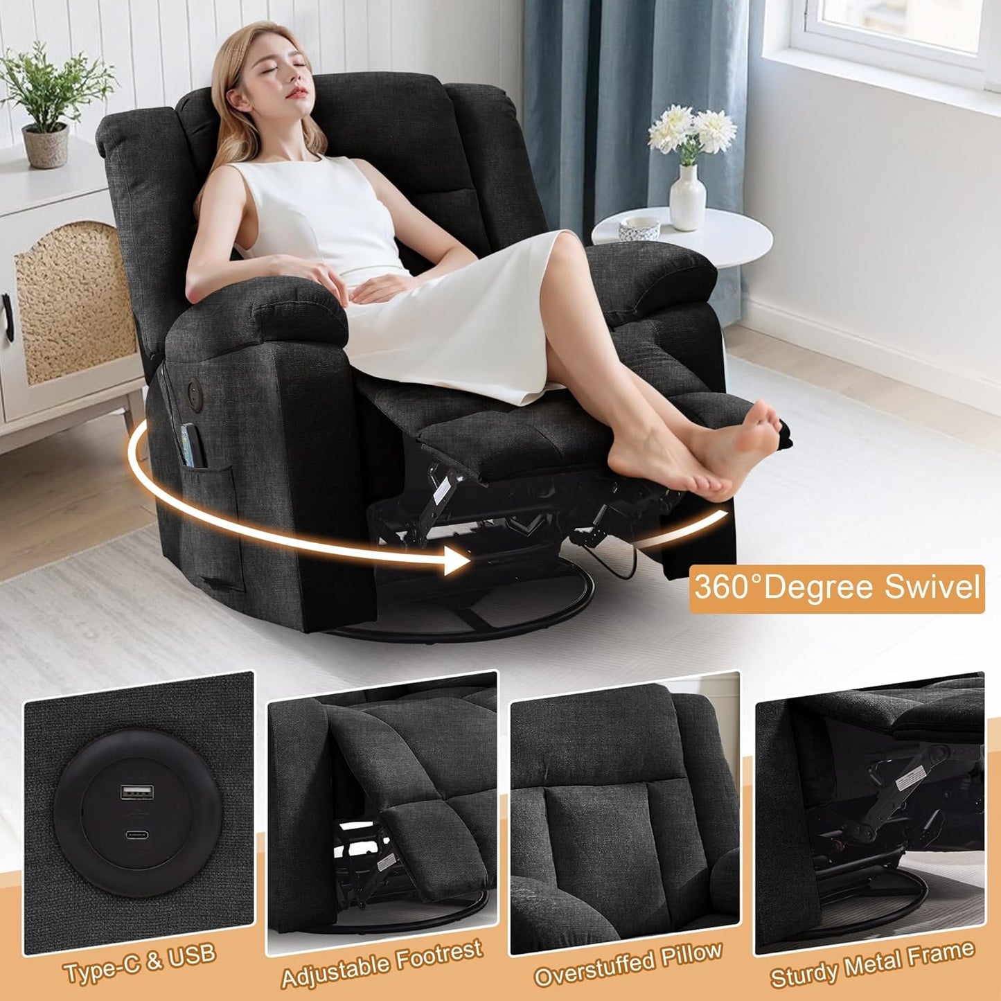 Rocker Recliner, Glider Recliner Chairs for Adults, 360° Swivel Rocking Chair with Massage and Heating, Nursery Chair with Storage and USB Charging for Living Room, Bedroom, Nursery