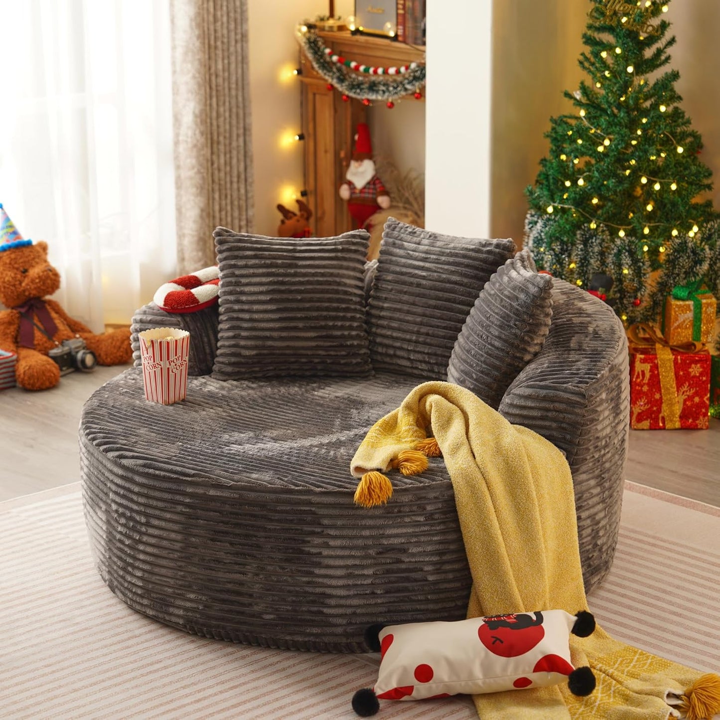 58” Oversized Upholstered Sofa Bed, Round Chaise Lounge Chair Indoor, Fluffy Plush Chaise Lounge, Modern Chenille Cloud Couch with Deep Seat, Comfy Bean Bag Chiar for Living Room Apartment