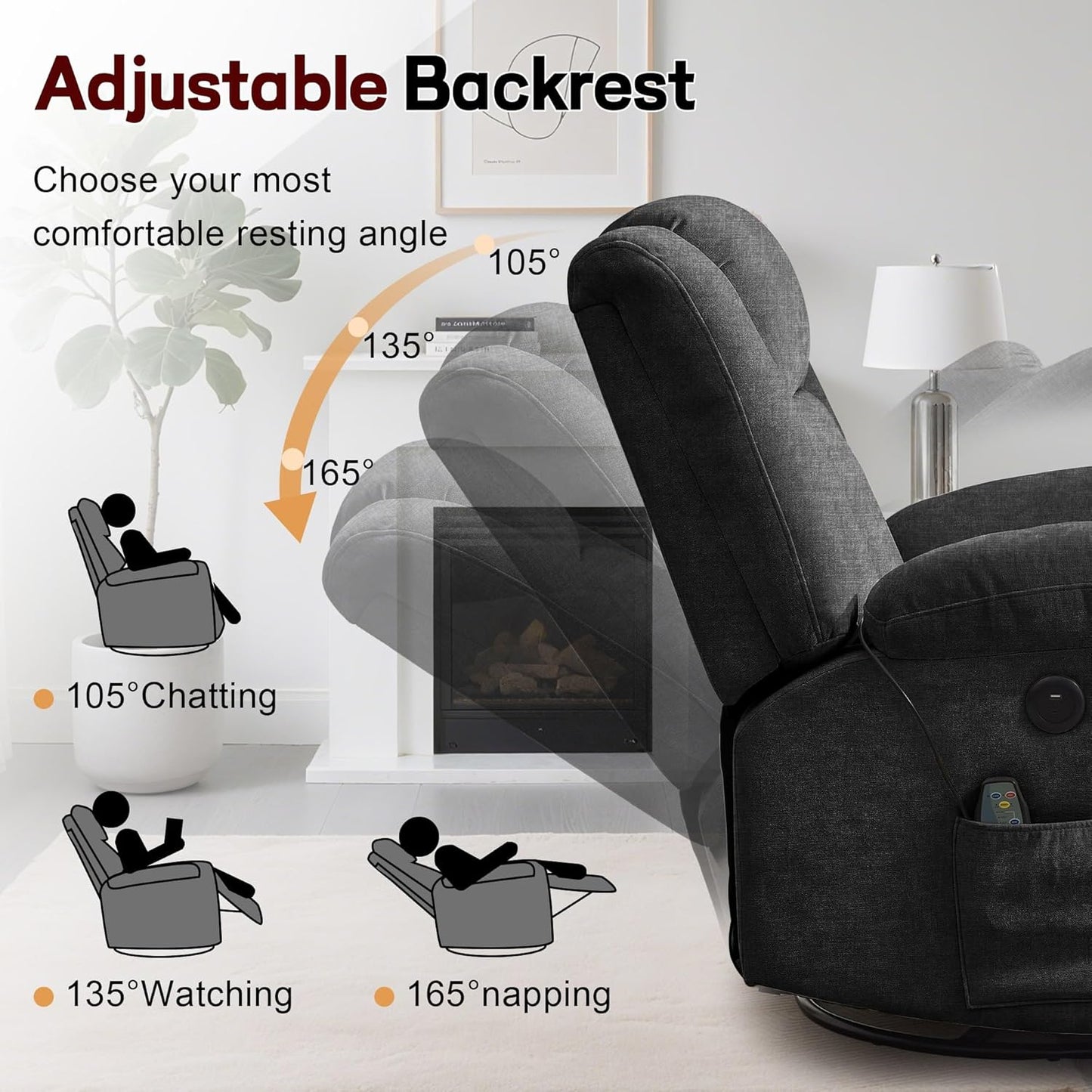 Rocker Recliner, Glider Recliner Chairs for Adults, 360° Swivel Rocking Chair with Massage and Heating, Nursery Chair with Storage and USB Charging for Living Room, Bedroom, Nursery