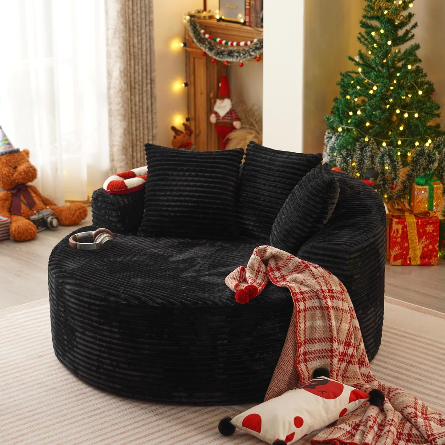 58” Oversized Upholstered Sofa Bed, Round Chaise Lounge Chair Indoor, Fluffy Plush Chaise Lounge, Modern Chenille Cloud Couch with Deep Seat, Comfy Bean Bag Chiar for Living Room Apartment