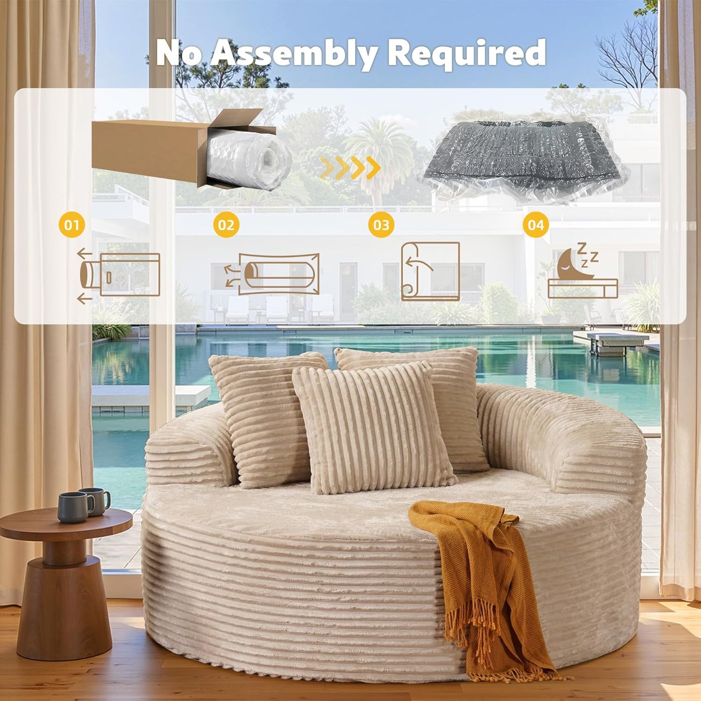 58” Oversized Upholstered Sofa Bed, Round Chaise Lounge Chair Indoor, Fluffy Plush Chaise Lounge, Modern Chenille Cloud Couch with Deep Seat, Comfy Bean Bag Chiar for Living Room Apartment