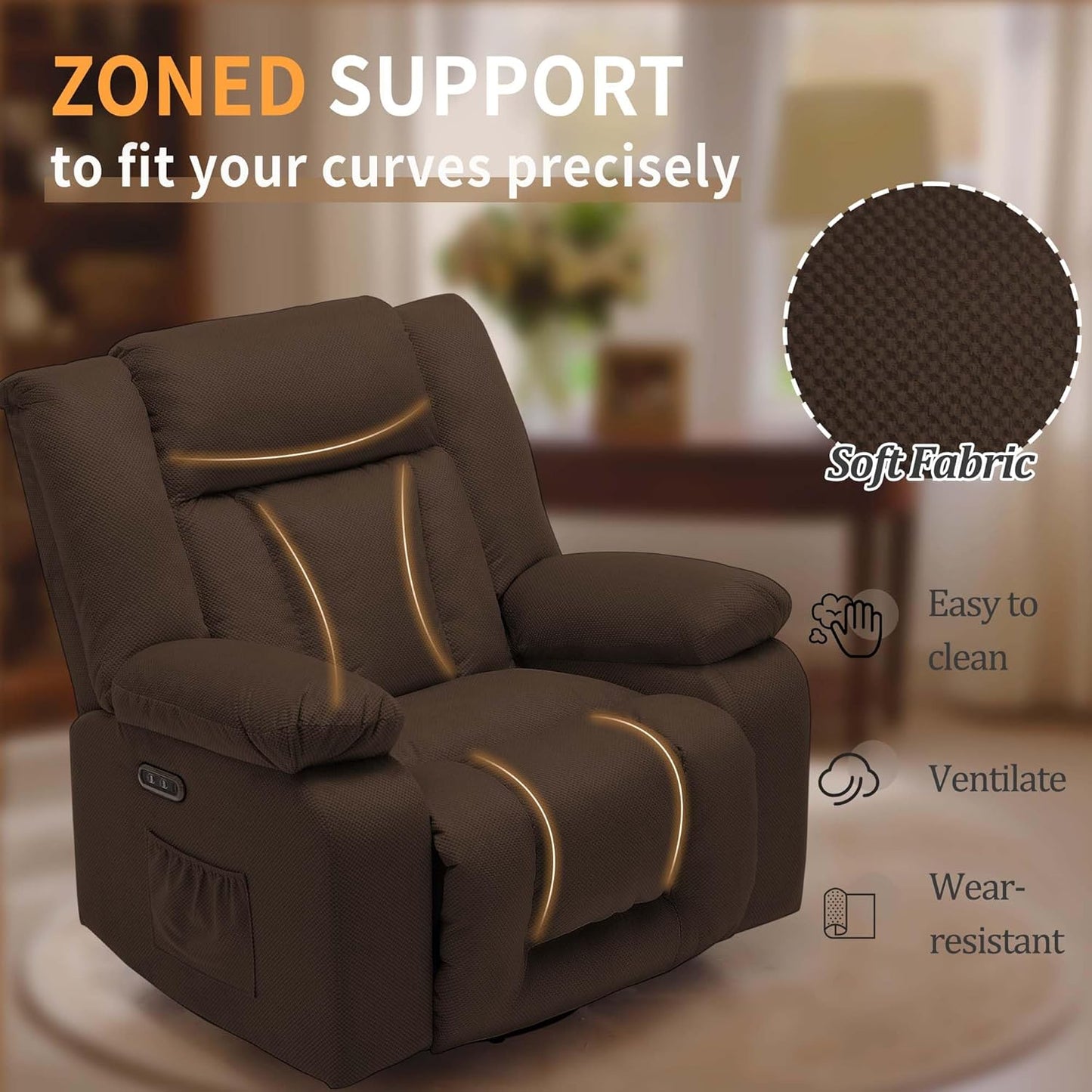 Oversized Power Recliner Chair, Swivel Rocking Chair for Adults, Electric Glider Reclining with Massage and Heating, Waffle Fabric Rocker Recliner with Side Pockets for Living Room, Bedroom