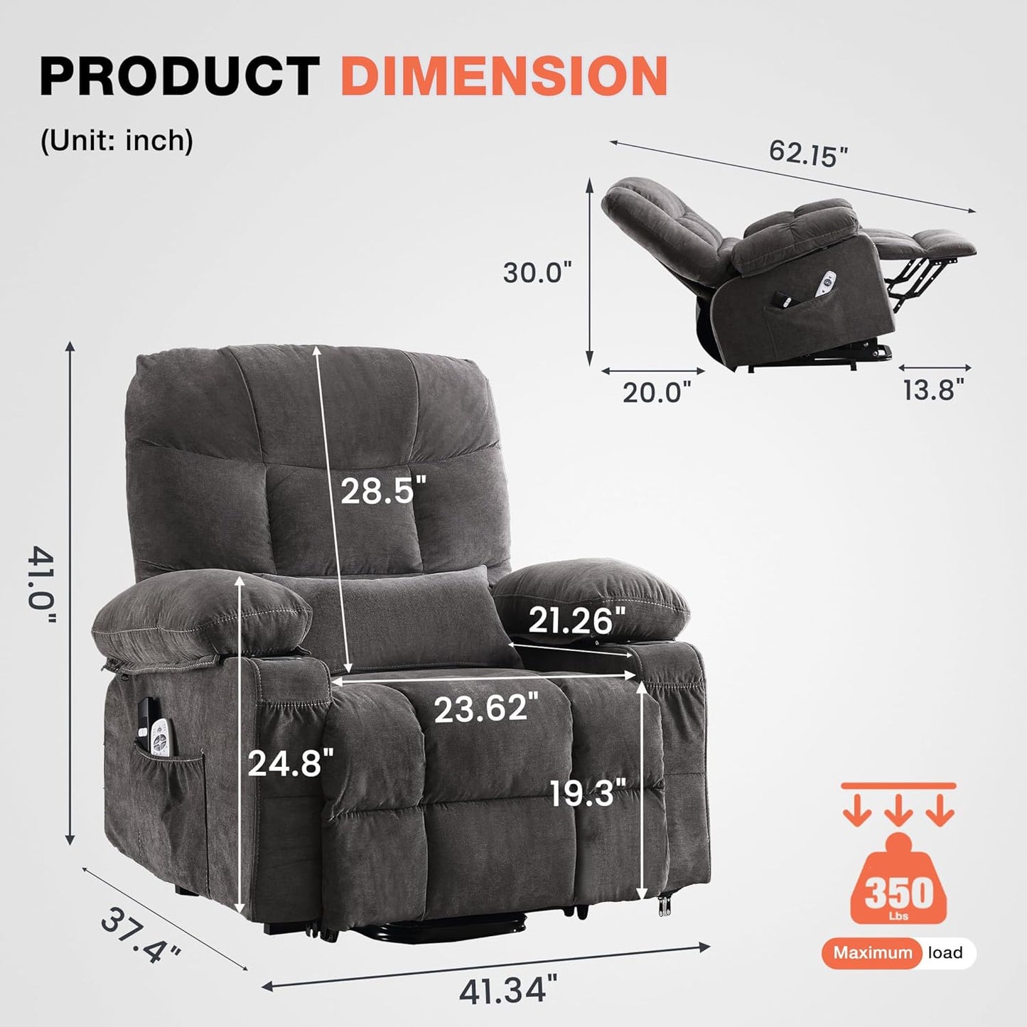 Power Lift Recliner Chair for Elderly with Vibration Massage and Lumbar Heating, Electric Lift Recliner Single Sofa with Side Pocket, Two Cup Holders and USB Charge Port for Living Room