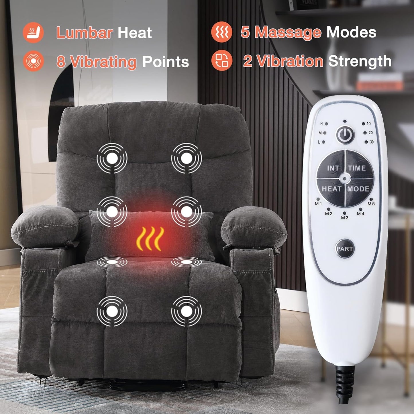 Power Lift Recliner Chair for Elderly with Vibration Massage and Lumbar Heating, Electric Lift Recliner Single Sofa with Side Pocket, Two Cup Holders and USB Charge Port for Living Room