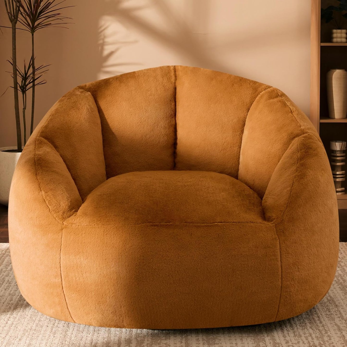Giant Bean Bag Swivel Chair for Adults with Ottoman - Comfy Plush Round Shell Soft Accent Chaise Lounge Indoor Chair, Oversized Cozy Floor Sofa for Living Room, Bedroom & Game Rooms, Beige