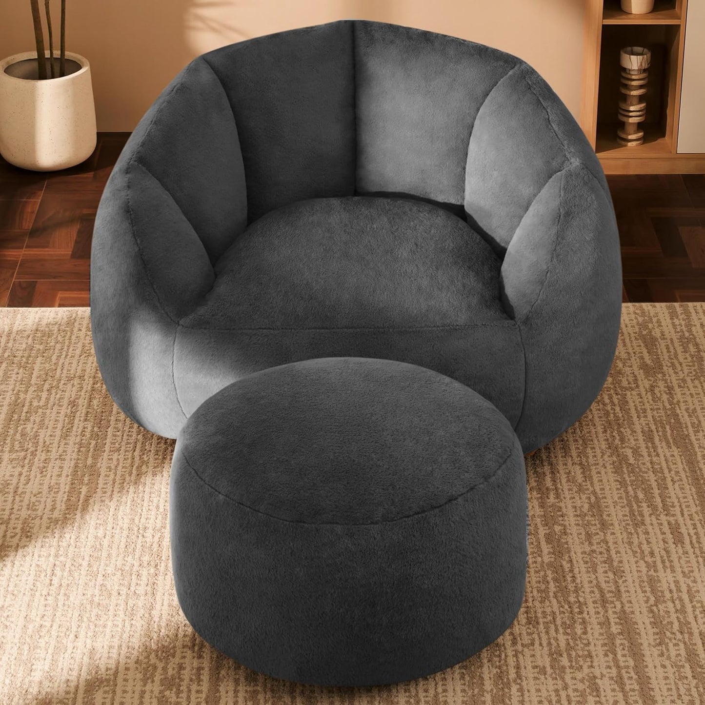 Giant Bean Bag Swivel Chair for Adults with Ottoman - Comfy Plush Round Shell Soft Accent Chaise Lounge Indoor Chair, Oversized Cozy Floor Sofa for Living Room, Bedroom & Game Rooms, Beige