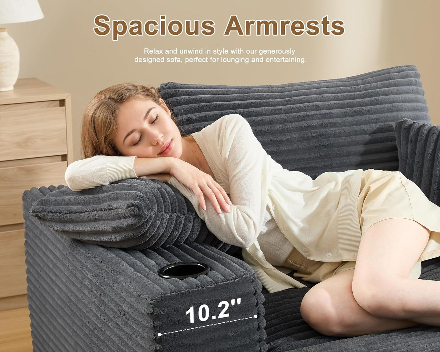 62" Oversized Chaise Lounge Chair Indoor, Corduroy Boneless Chaise Lounge Couch Sleeper Chair, Convertible Oversized Reading Chairs, Plush Compression Sofa with Ottoman, Dark Grey