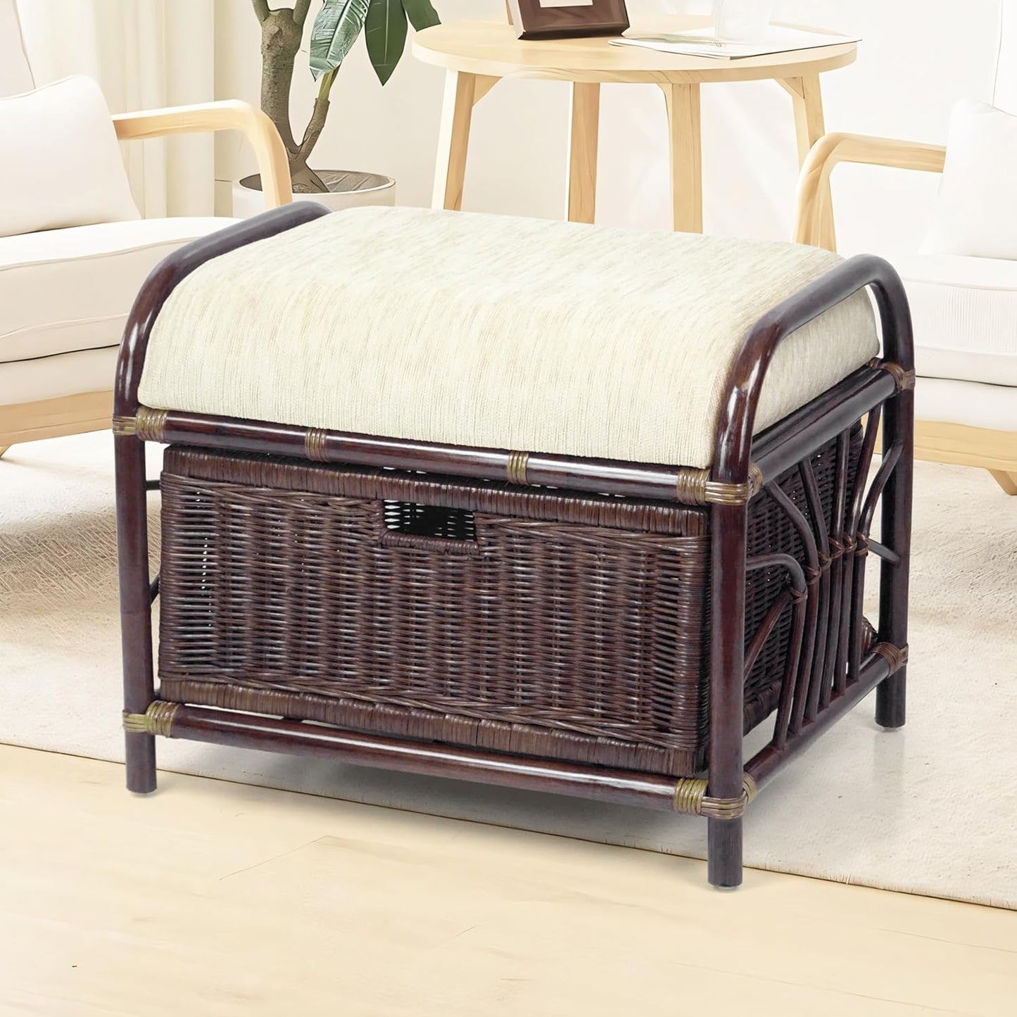 Krit Handmade Rattan Wicker Ottoman Colonial Color Footstool Pouf Stool w/Basket w/Cushion