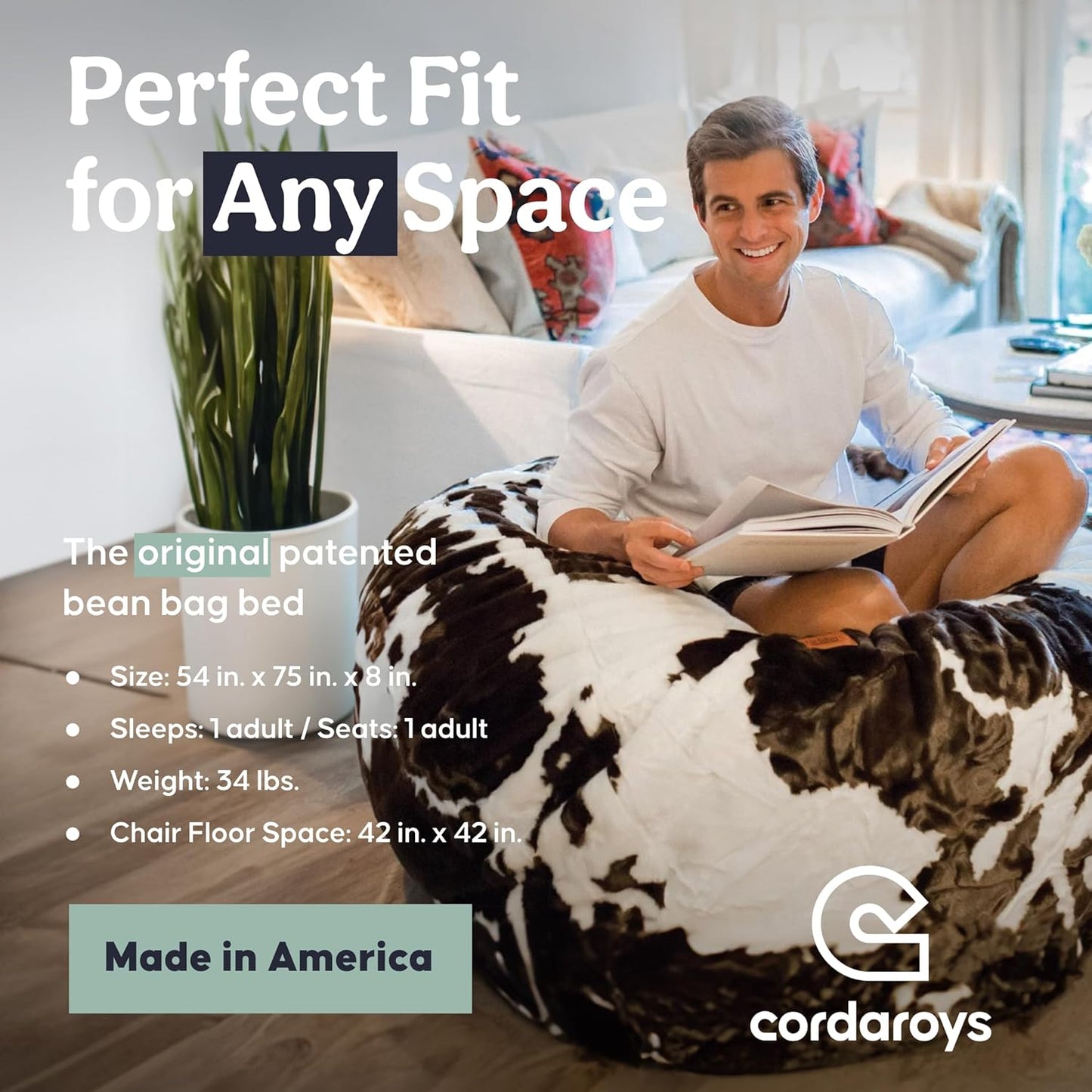 CordaRoy's Faux Fur Bean Bag-Convertible Bean Bag Chair -Machine-Washable Faux Fur Fabric Cover for Basement, Living Room, Game Room, Dorm & More - Full Size - Cow Pattern | Made in The USA