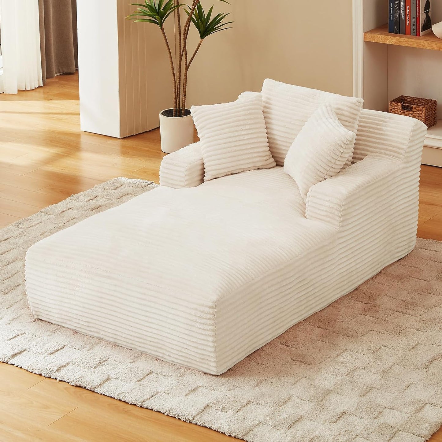 65.4" Chaise Lounge Chair Indoor, Oversized Boneless Couch Comfy Upholstered Sleeper Sofa Bed with 3 Pillows, Corduroy Cloud Reading Chair for Living Room No Assembly Required, Black