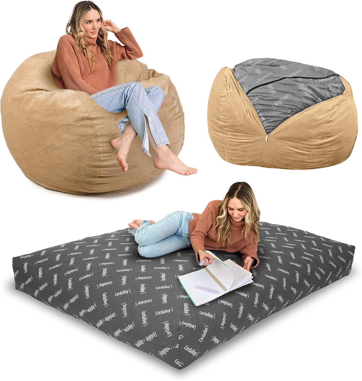 CordaRoy's Chenille Bean Bag-Convertible Bean Bag Chair-Machine-Washable Chenille Fabric Cover-for Basement,Living Room,Game Room,Dorm & More - Queen Size - Charcoal | Made in The USA