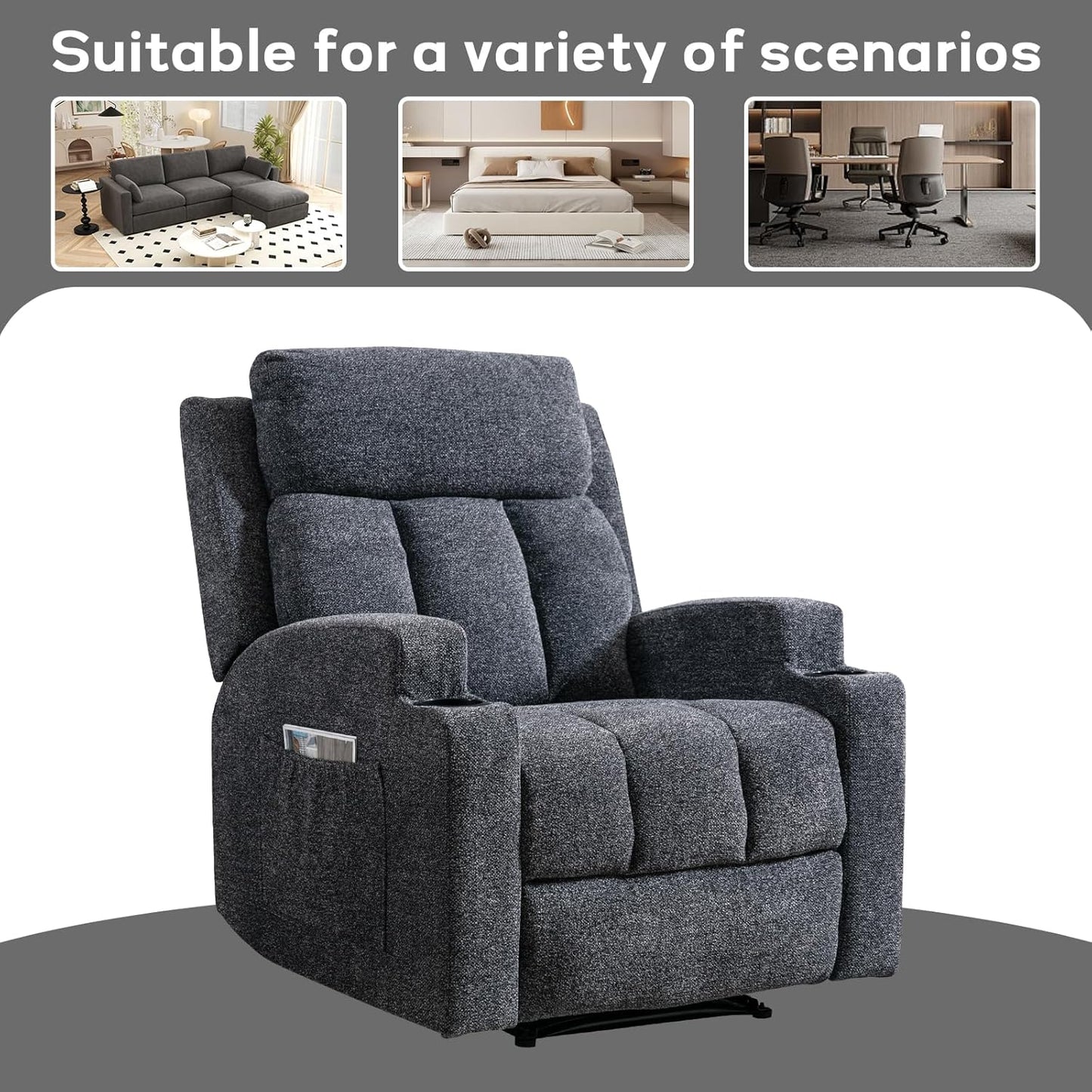 CANMOV Manual Recliner Chair with Massage and Heat,Soft Fabric Recliner Chair with Overstuffed Arm and Back, Manual Reclining Single Sofa with 2 Cup Holders, Side Pocket for Living Room,Dark Grey