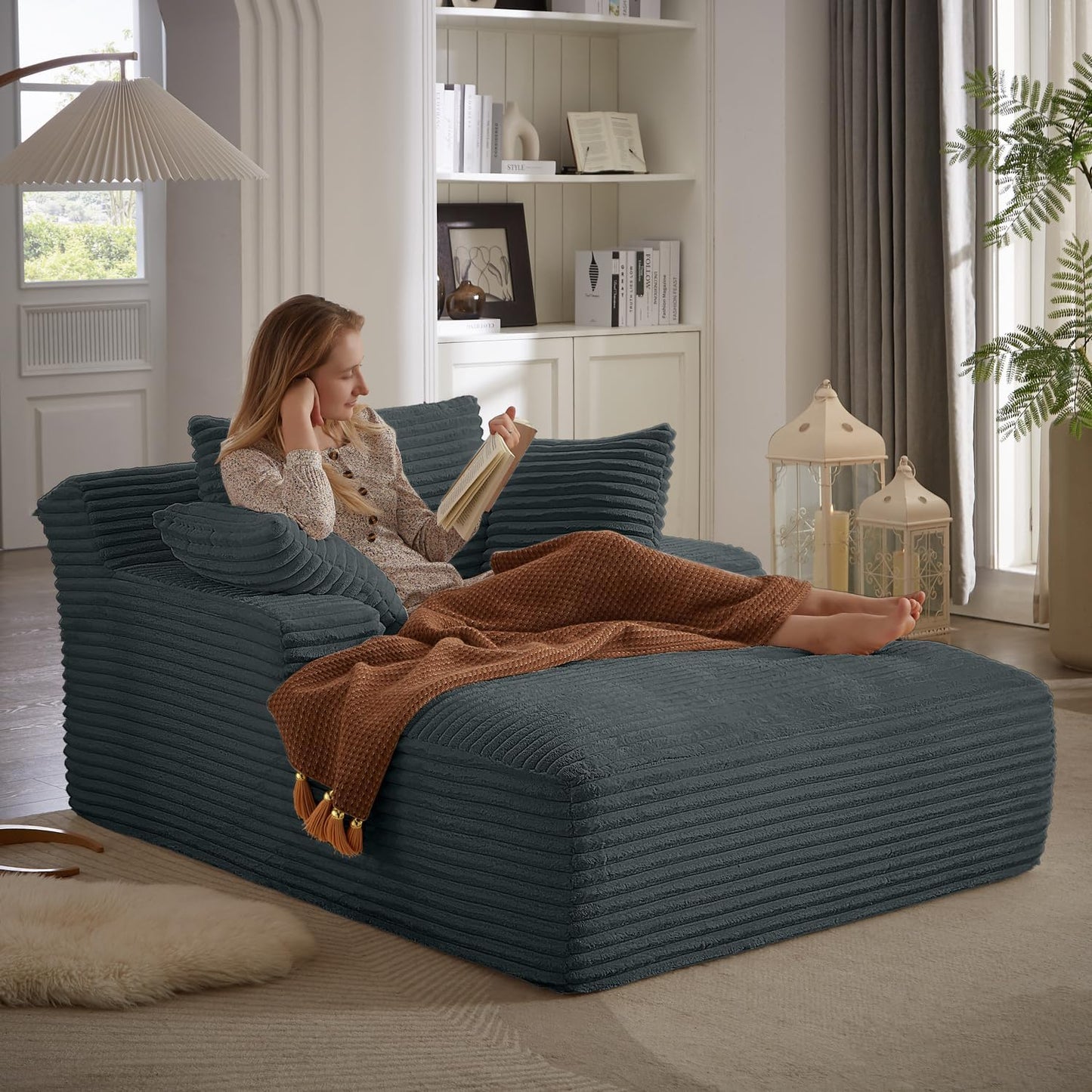 67 Inch Oversized Chaise Lounge Chair Indoor, Corduroy Upholstered Boneless Sofa Bed, Deep Seat Sleeper Couch Reading Chairs, Cloud Sofas Couches for Living Room, No Assembly Required (Black)