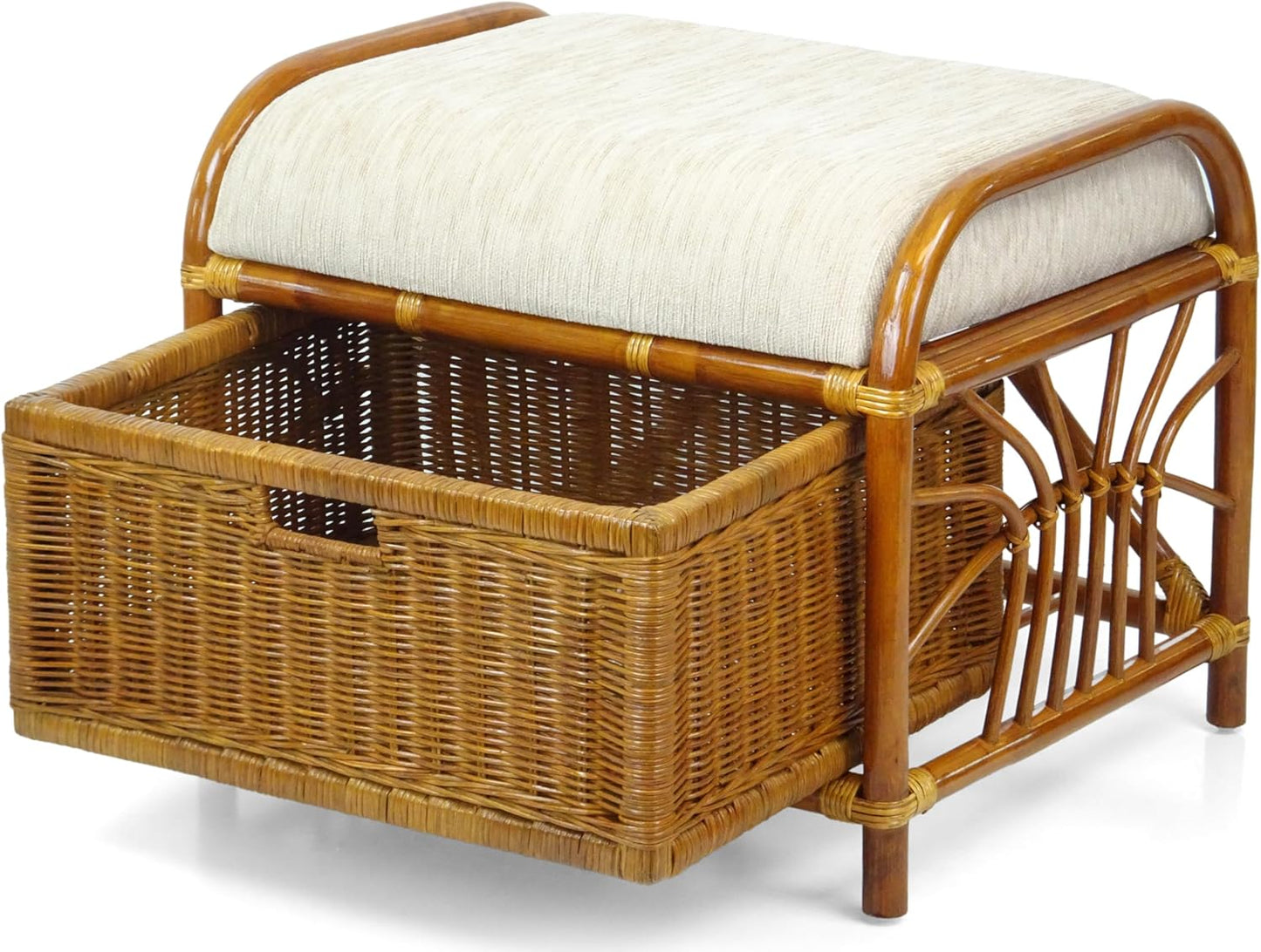 Krit Handmade Rattan Wicker Ottoman Colonial Color Footstool Pouf Stool w/Basket w/Cushion