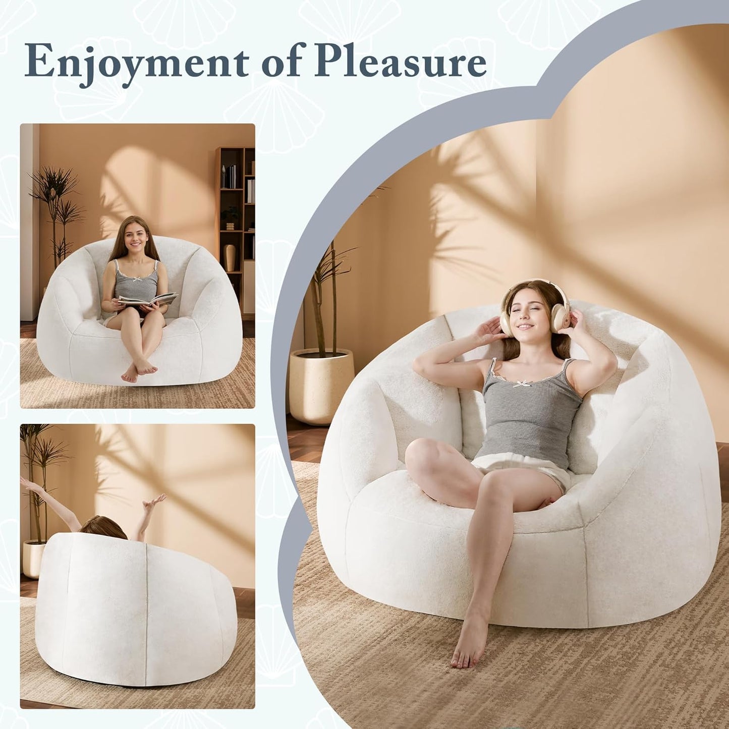 Giant Bean Bag Swivel Chair for Adults with Ottoman - Comfy Plush Round Shell Soft Accent Chaise Lounge Indoor Chair, Oversized Cozy Floor Sofa for Living Room, Bedroom & Game Rooms, Beige