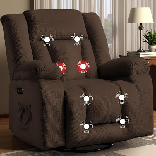 Oversized Power Recliner Chair, Swivel Rocking Chair for Adults, Electric Glider Reclining with Massage and Heating, Waffle Fabric Rocker Recliner with Side Pockets for Living Room, Bedroom