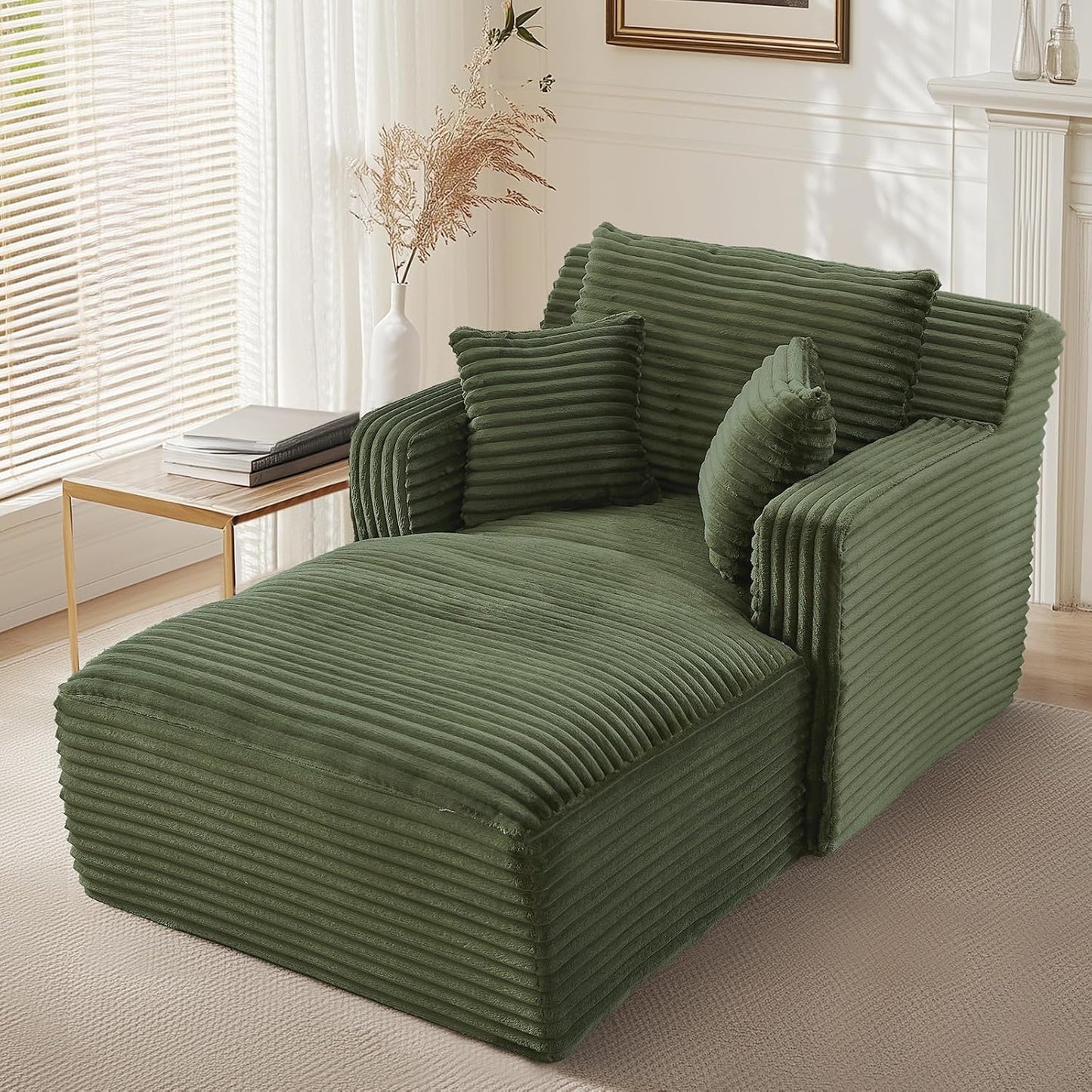 65.4" Chaise Lounge Chair Indoor, Oversized Boneless Couch Comfy Upholstered Sleeper Sofa Bed with 3 Pillows, Corduroy Cloud Reading Chair for Living Room No Assembly Required, Black