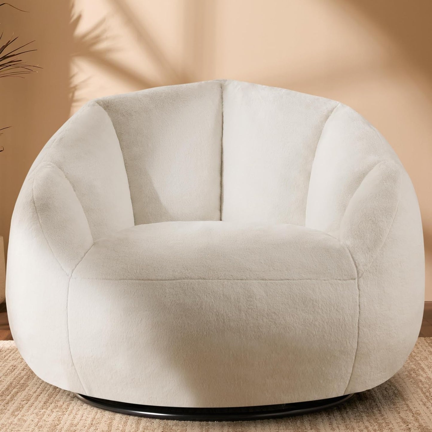 Giant Bean Bag Swivel Chair for Adults with Ottoman - Comfy Plush Round Shell Soft Accent Chaise Lounge Indoor Chair, Oversized Cozy Floor Sofa for Living Room, Bedroom & Game Rooms, Beige