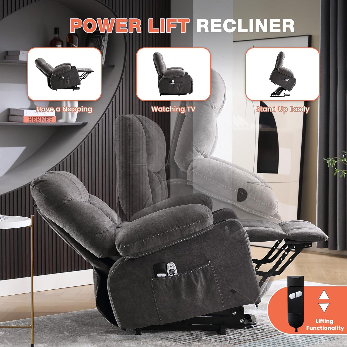 Power Lift Recliner Chair for Elderly with Vibration Massage and Lumbar Heating, Electric Lift Recliner Single Sofa with Side Pocket, Two Cup Holders and USB Charge Port for Living Room