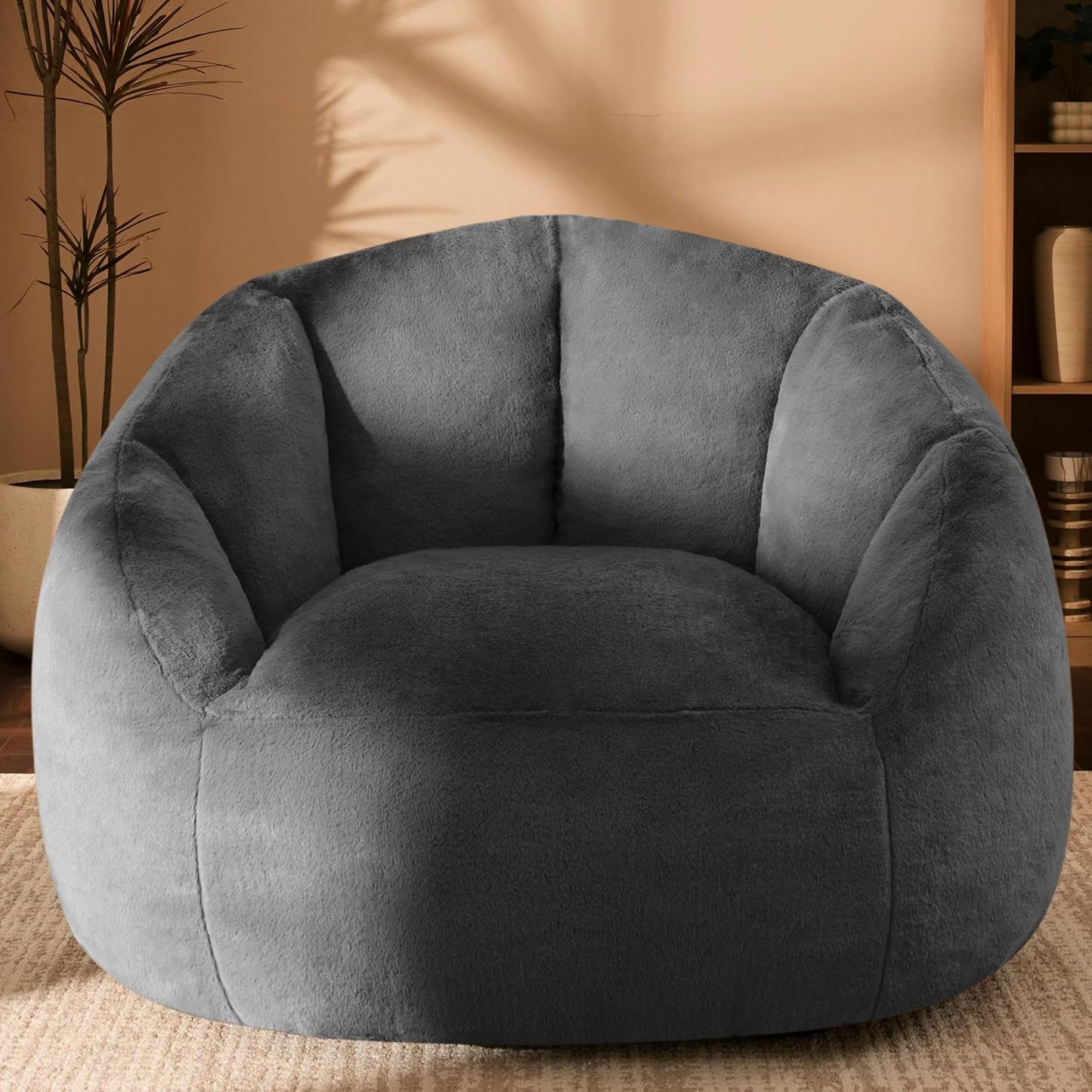Giant Bean Bag Swivel Chair for Adults with Ottoman - Comfy Plush Round Shell Soft Accent Chaise Lounge Indoor Chair, Oversized Cozy Floor Sofa for Living Room, Bedroom & Game Rooms, Beige