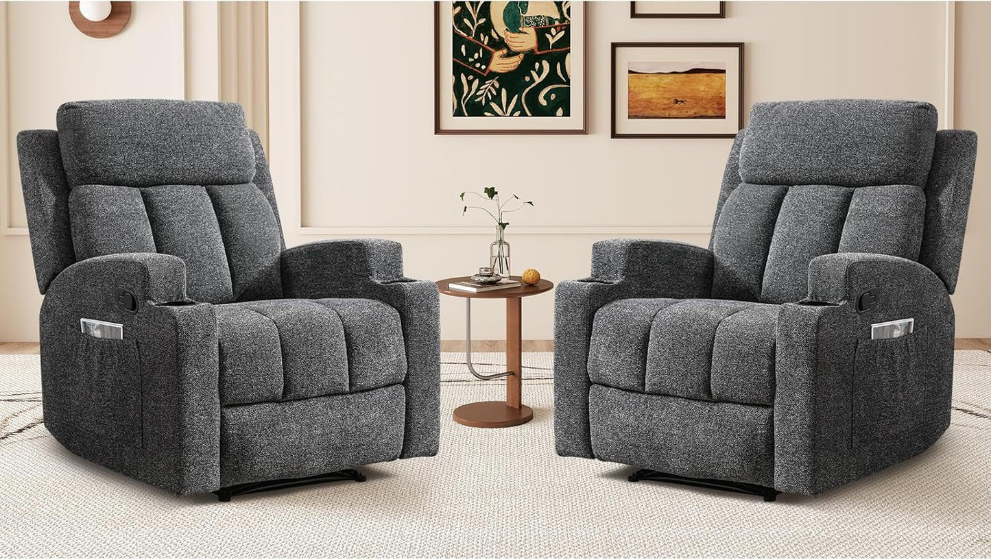 CANMOV Manual Recliner Chair with Massage and Heat,Soft Fabric Recliner Chair with Overstuffed Arm and Back, Manual Reclining Single Sofa with 2 Cup Holders, Side Pocket for Living Room,Dark Grey