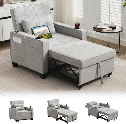 TYBOATLE Convertible Sleeper Chair Bed for Adults, 3-in-1 Pull Out Sofa Chair Bed with USB/Type-C Ports, Cup Holders, Side Pockets, Single Sofa for Living Room, Bedroom, Small Space (Grey)