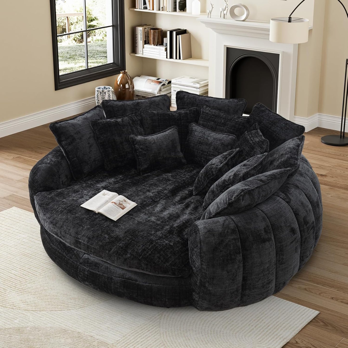 81” Oversized Upholstered Sofa Bed, Round Chaise Lounge Chair Indoor, Fluffy Plush Chaise Lounge, Modern Chenille Cloud Couch with Deep Seat, Comfy Bean Bag Chiar for Living Room Apartment, Light Grey