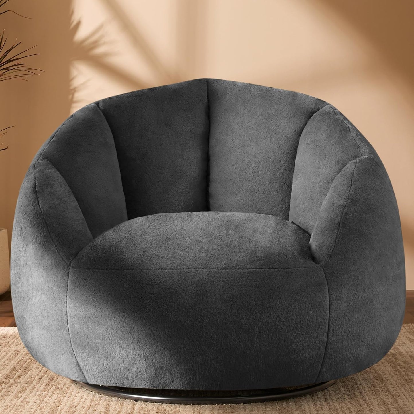 Giant Bean Bag Swivel Chair for Adults with Ottoman - Comfy Plush Round Shell Soft Accent Chaise Lounge Indoor Chair, Oversized Cozy Floor Sofa for Living Room, Bedroom & Game Rooms, Beige