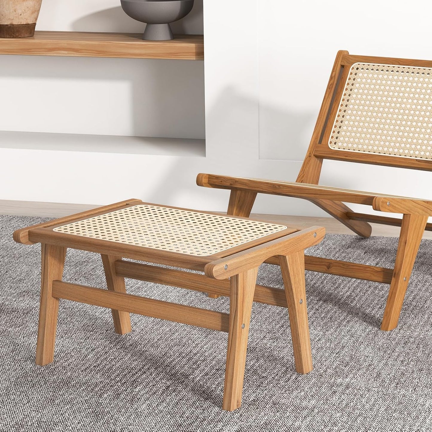 Tangkula Ottoman Footstool, Natural Teak Wooden Foot Rest with Handwoven Rattan for Living Room Bedroom Office, 14" H, Indoor (1)