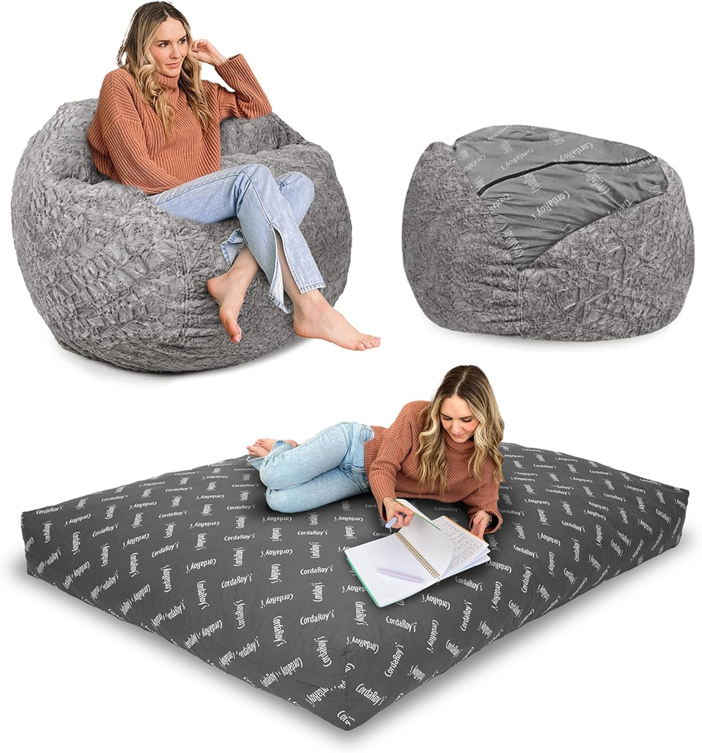 CordaRoy's Faux Fur Bean Bag-Convertible Bean Bag Chair -Machine-Washable Faux Fur Fabric Cover for Basement, Living Room, Game Room, Dorm & More - Full Size - Cow Pattern | Made in The USA