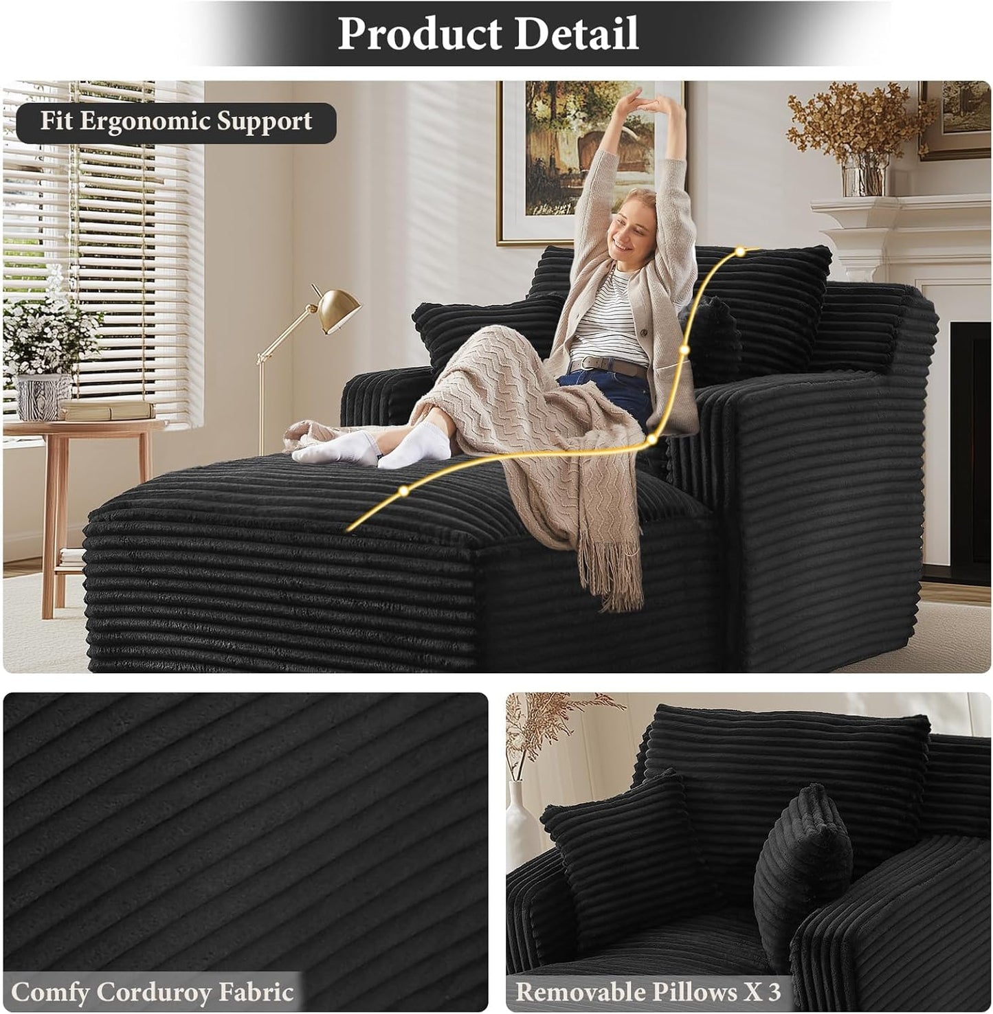 65.4" Chaise Lounge Chair Indoor, Oversized Boneless Couch Comfy Upholstered Sleeper Sofa Bed with 3 Pillows, Corduroy Cloud Reading Chair for Living Room No Assembly Required, Black