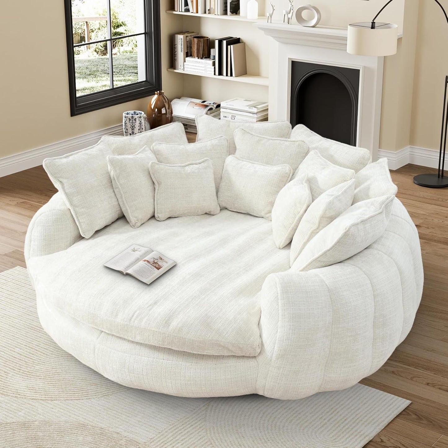 81” Oversized Upholstered Sofa Bed, Round Chaise Lounge Chair Indoor, Fluffy Plush Chaise Lounge, Modern Chenille Cloud Couch with Deep Seat, Comfy Bean Bag Chiar for Living Room Apartment, Light Grey