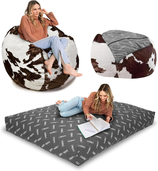 CordaRoy's Faux Fur Bean Bag-Convertible Bean Bag Chair -Machine-Washable Faux Fur Fabric Cover for Basement, Living Room, Game Room, Dorm & More - Full Size - Cow Pattern | Made in The USA