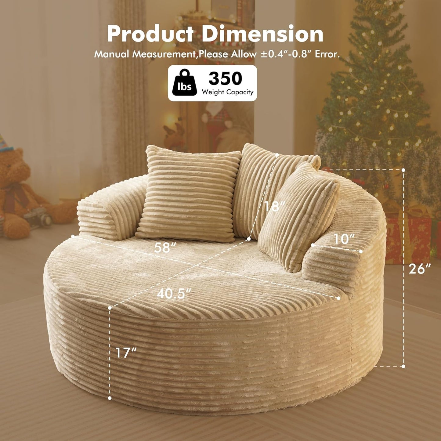 58” Oversized Upholstered Sofa Bed, Round Chaise Lounge Chair Indoor, Fluffy Plush Chaise Lounge, Modern Chenille Cloud Couch with Deep Seat, Comfy Bean Bag Chiar for Living Room Apartment