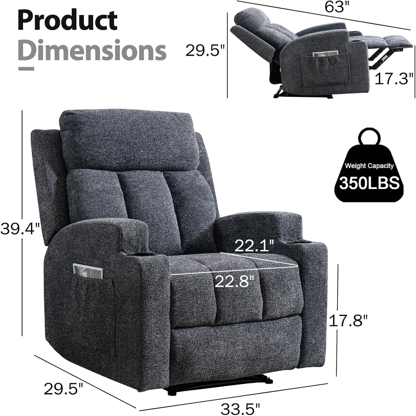 CANMOV Manual Recliner Chair with Massage and Heat,Soft Fabric Recliner Chair with Overstuffed Arm and Back, Manual Reclining Single Sofa with 2 Cup Holders, Side Pocket for Living Room,Dark Grey