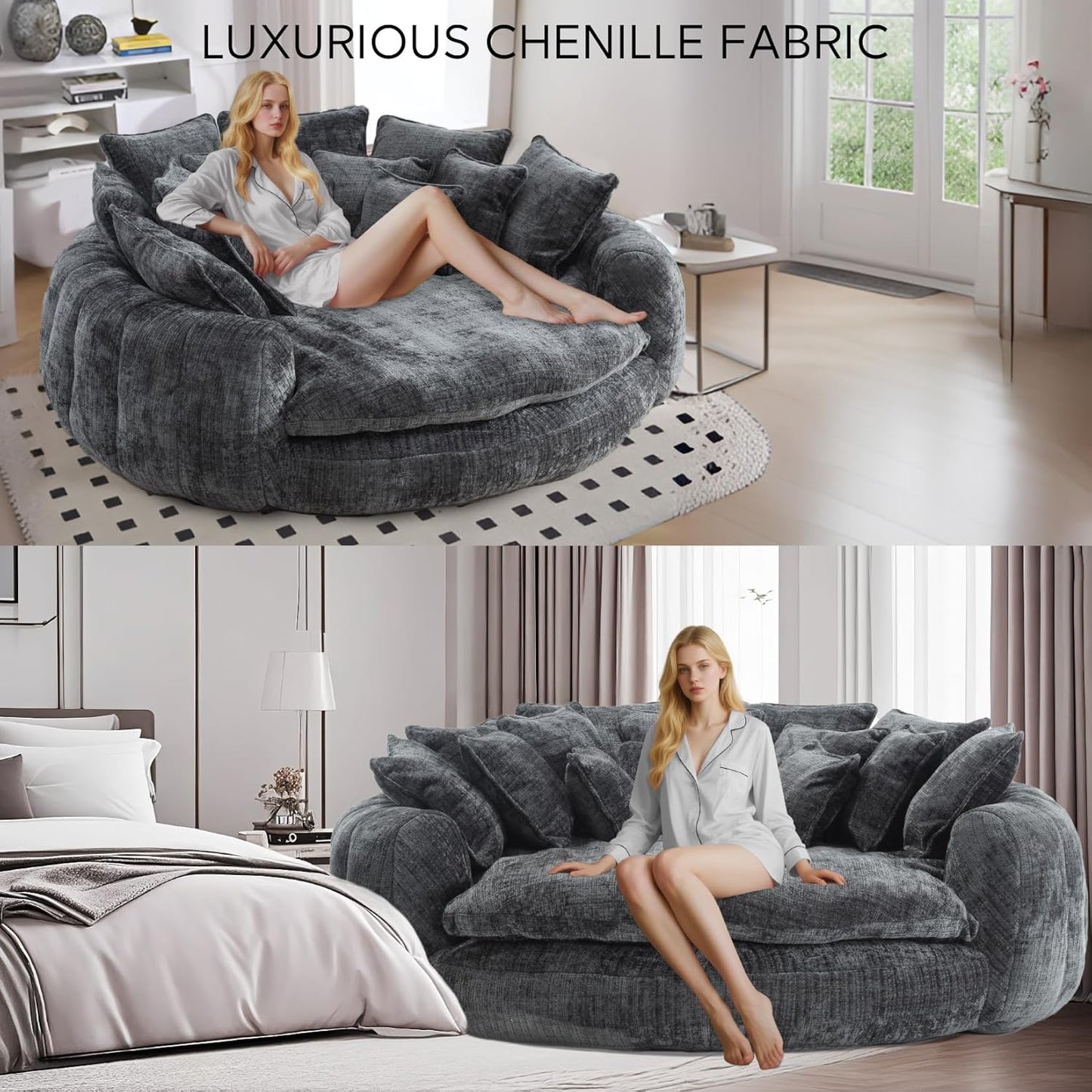 81'' Large Bean Bag Chair for Adults, Memory Foam Oversized Beanbag Chairs Couch with 14 Pillow, Comfy Giant Bean Bag Sofa Couch Bed, Chaise Lounge Chair Indoor Lazy Sofa for Living Room (Dark Grey)