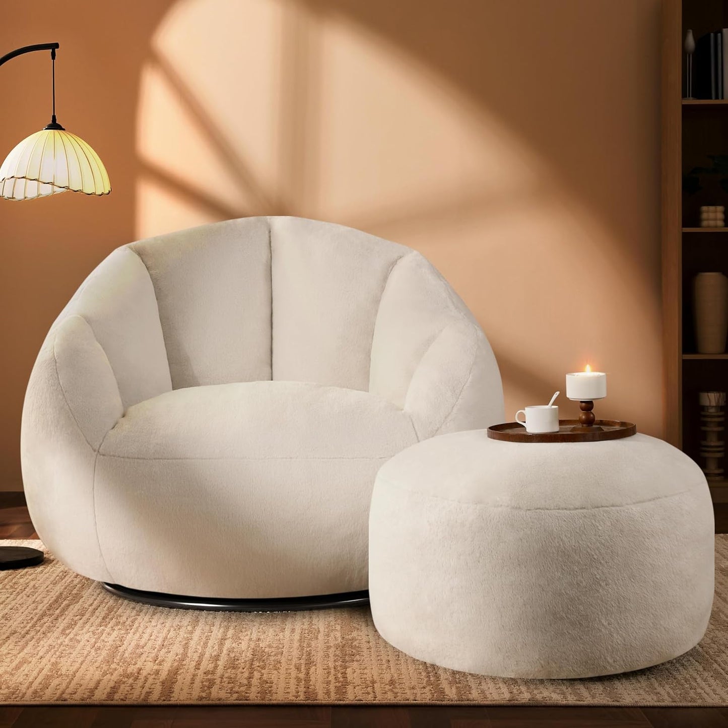 Giant Bean Bag Swivel Chair for Adults with Ottoman - Comfy Plush Round Shell Soft Accent Chaise Lounge Indoor Chair, Oversized Cozy Floor Sofa for Living Room, Bedroom & Game Rooms, Beige